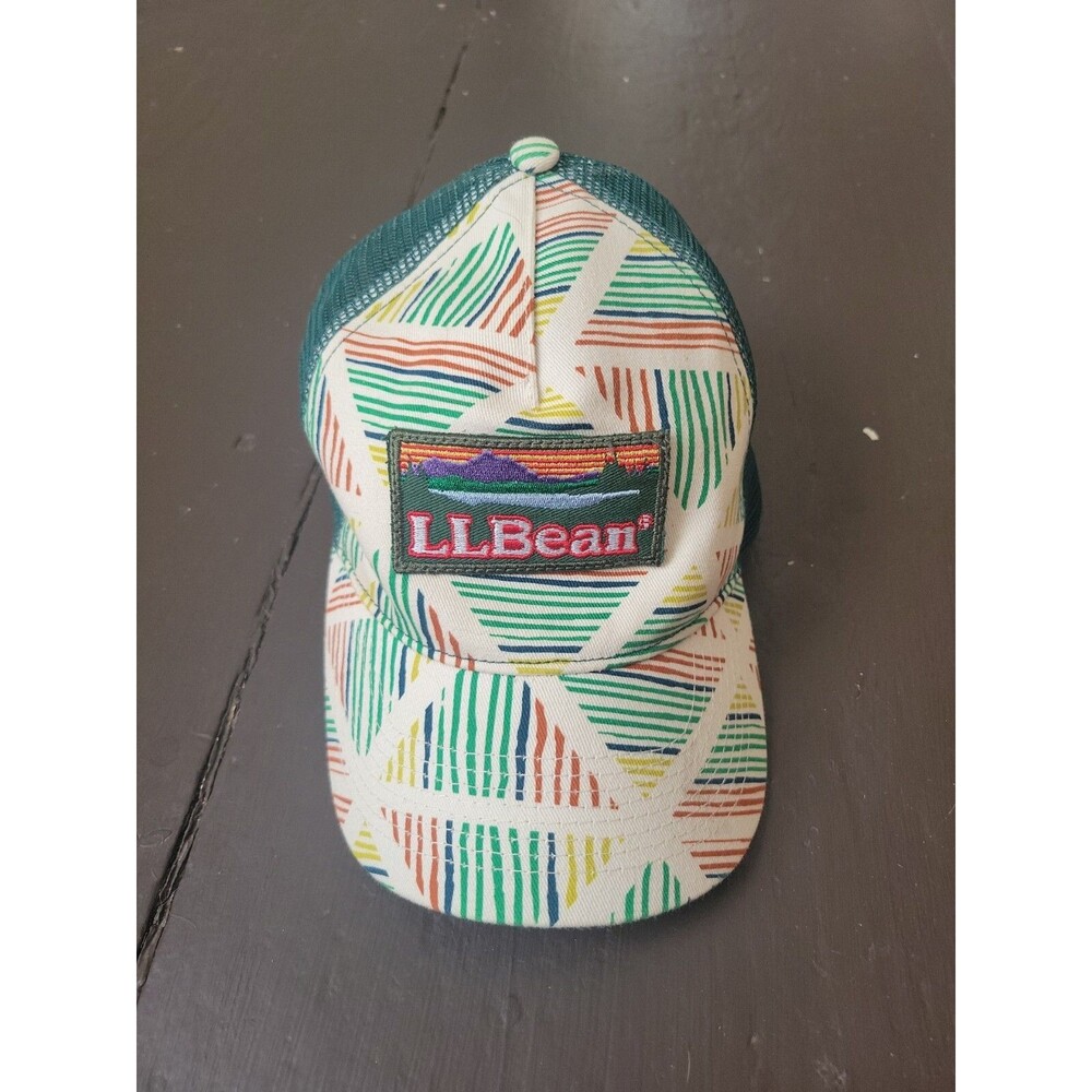 VTG LL BEAN ADJUSTABLE HAT Lake Logo Trucker S/M? Cap Green Stripe Fall 90s